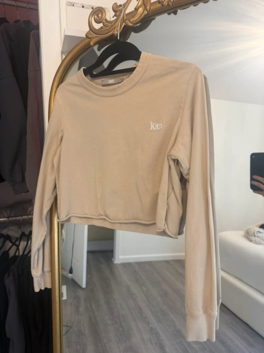 Beige Minimalist Crewneck Sweatshirt with Embroidered Chest Logo, Women’s XS